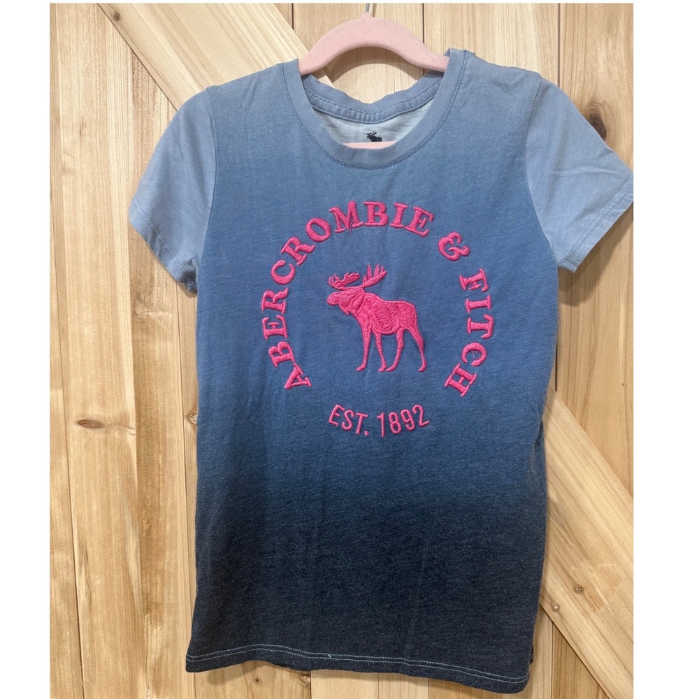 Abercrombie Kids Blue Ombre Pink Embroidered Moose Logo Graphic Tee Size 11/12
